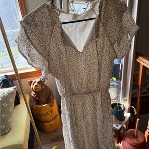 Elegant Cream and Blue Floral Midi Dress